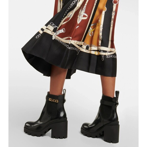 Gucci Trip Signature Logo Leather Chelsea Combat Ankle Heeled Boots Womens 38 - Picture 3 of 16